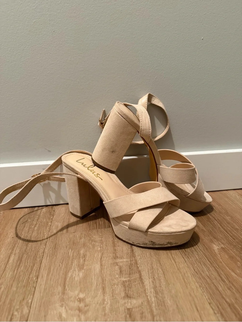 Lulu's Neutral Beige Suede Platform Block Heels